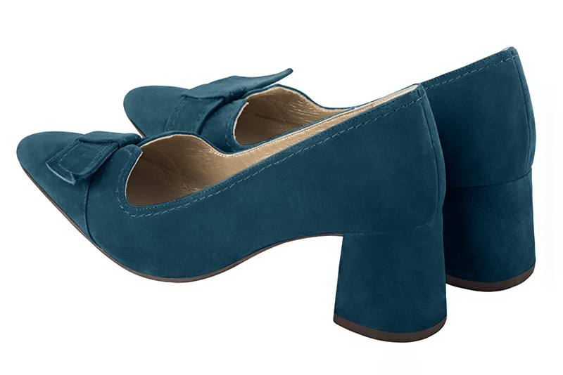 Peacock blue women's dress pumps, with a knot on the front. Tapered toe. Medium flare heels. Rear view - Florence KOOIJMAN